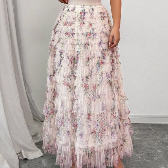 Multicolor Boho Women's Romantic Floral Mesh Skirt - Picture 4 of 8